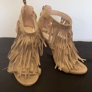Via Pinky suede fringe taupe high heel sandals